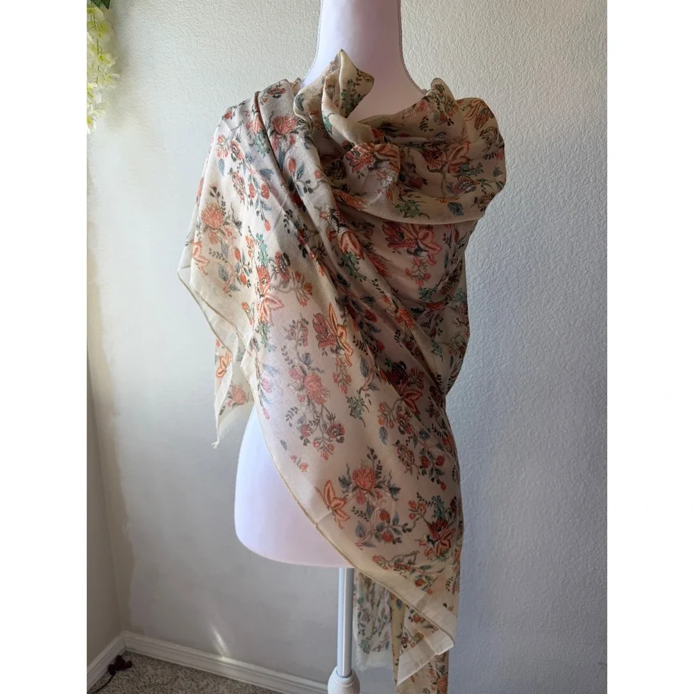 Melifluos Floral Scarf Lightweight Viscose Wrap Shawl Cream Orange Teal Boho